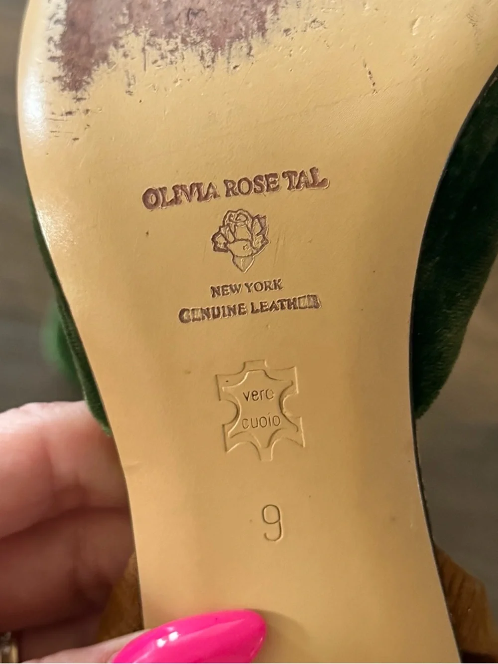 Olivia Rose Tal Green Velvet & Leopard Fur Slingback Heels size 9 - Picture 3 of 6